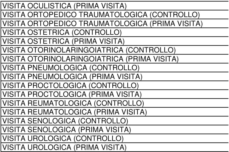 (CONTROLLO) VISITA PNEUMOLOGICA (PRIMA VISITA) VISITA PROCTOLOGICA (CONTROLLO) VISITA PROCTOLOGICA (PRIMA VISITA) VISITA REUMATOLOGICA (CONTROLLO)