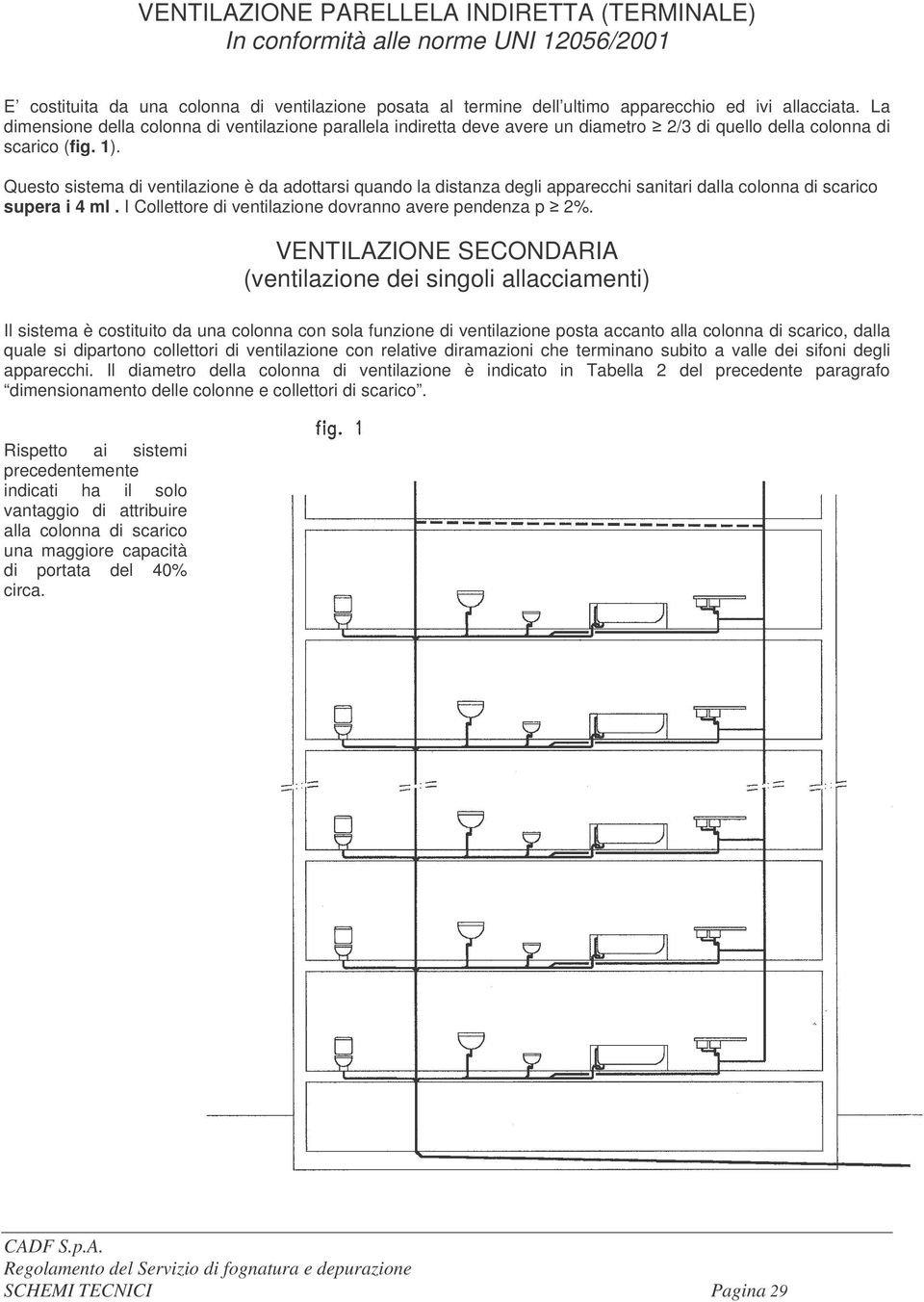 Questo sistema di ventilazione è da adottarsi quando la distanza degli apparecchi sanitari dalla colonna di scarico supera i 4 ml. I Collettore di ventilazione dovranno avere pendenza p 2%.