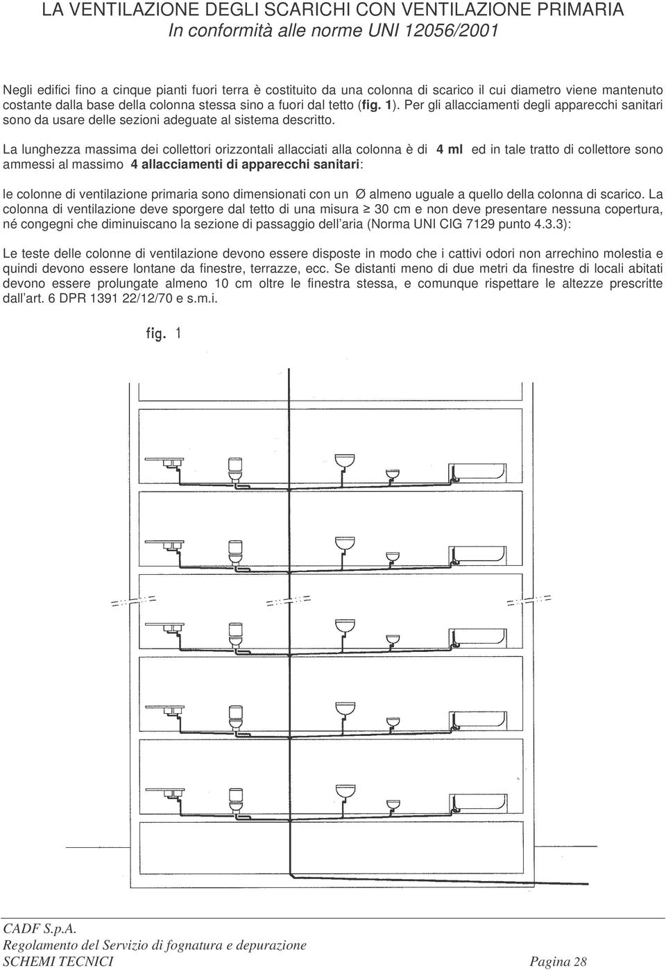 La lunghezza massima dei collettori orizzontali allacciati alla colonna è di 4 ml ed in tale tratto di collettore sono ammessi al massimo 4 allacciamenti di apparecchi sanitari: le colonne di