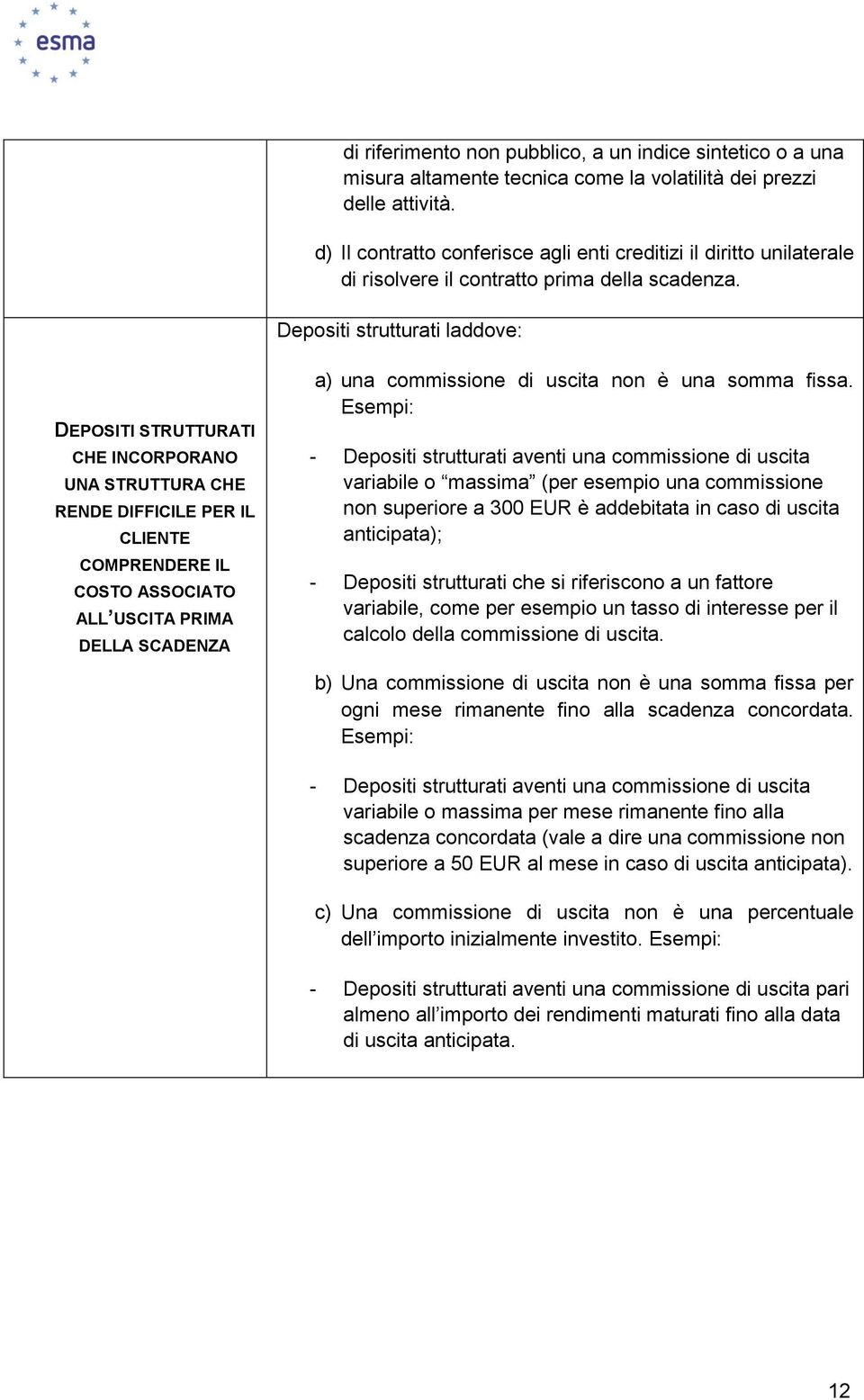 Depositi strutturati laddove: DEPOSITI STRUTTURATI CHE INCORPORANO UNA STRUTTURA CHE RENDE DIFFICILE PER IL CLIENTE COMPRENDERE IL COSTO ASSOCIATO ALL USCITA PRIMA DELLA SCADENZA a) una commissione