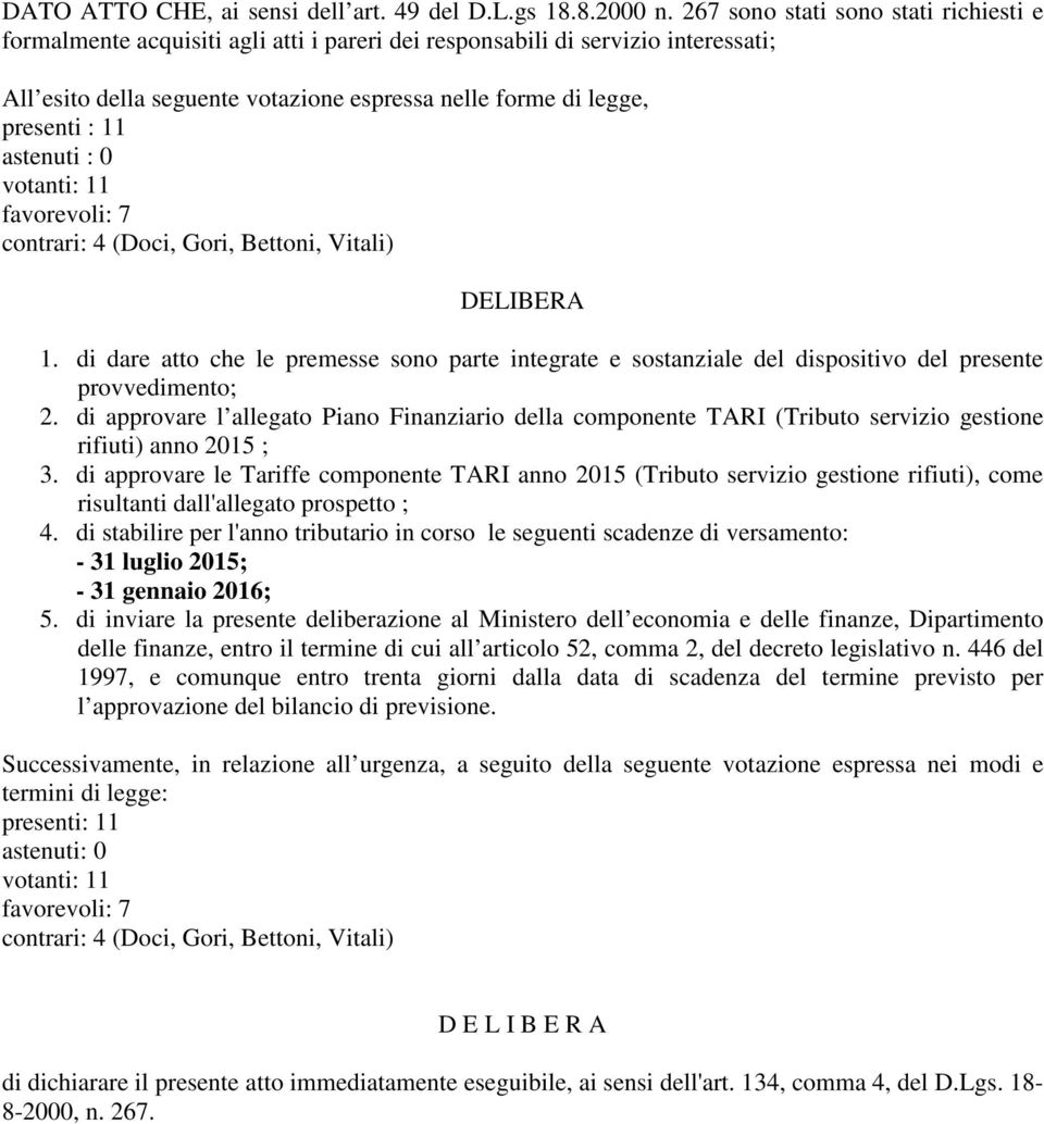 11 astenuti : 0 votanti: 11 favorevoli: 7 contrari: 4 (Doci, Gori, Bettoni, Vitali) DELIBERA 1.