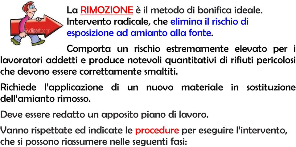 essere correttamente smaltiti. Richiede l applicazione di un nuovo materiale in sostituzione dell amianto rimosso.