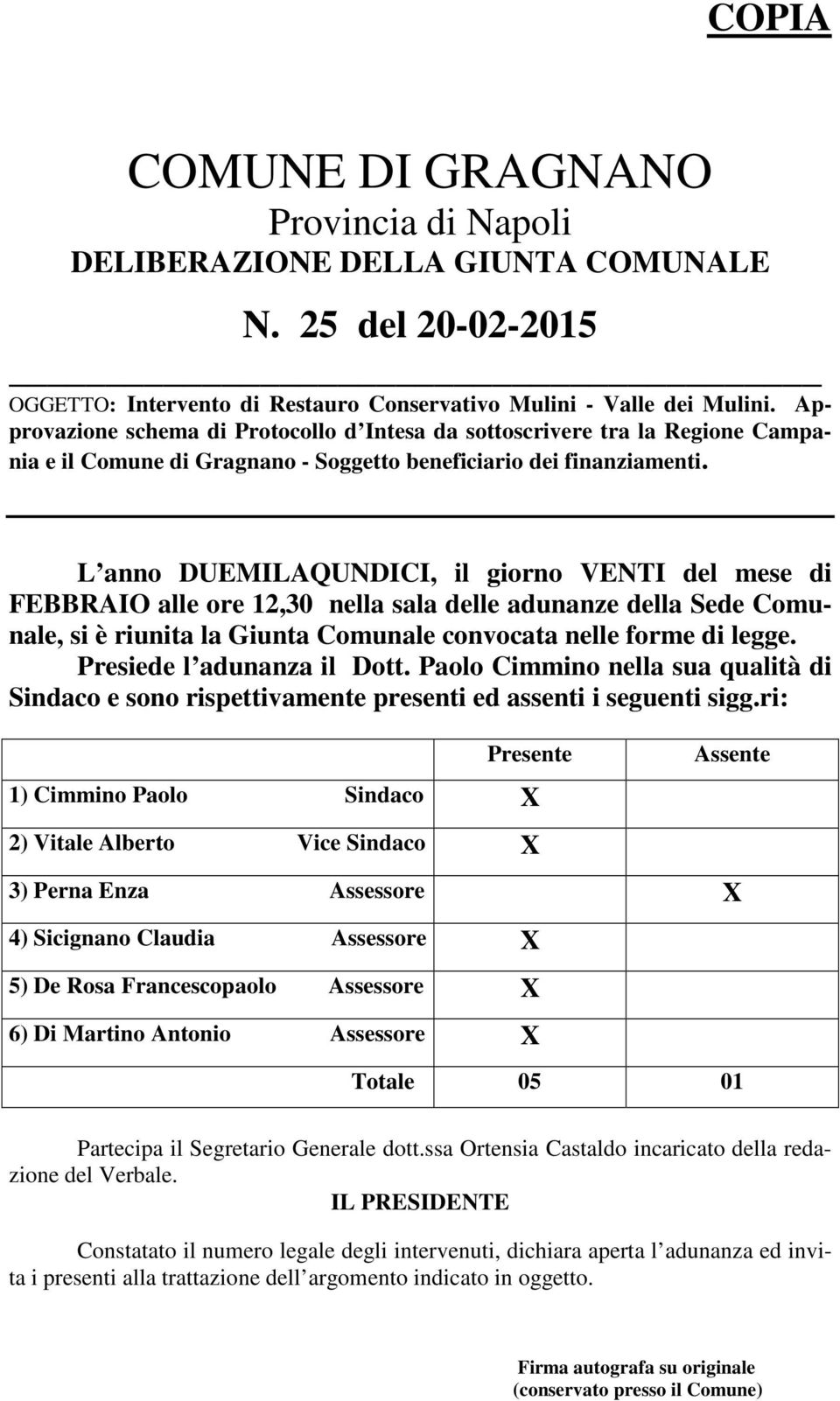 Comunale, si è riunita la Giunta Comunale convocata nelle forme di legge. Presiede l adunanza il Dott.