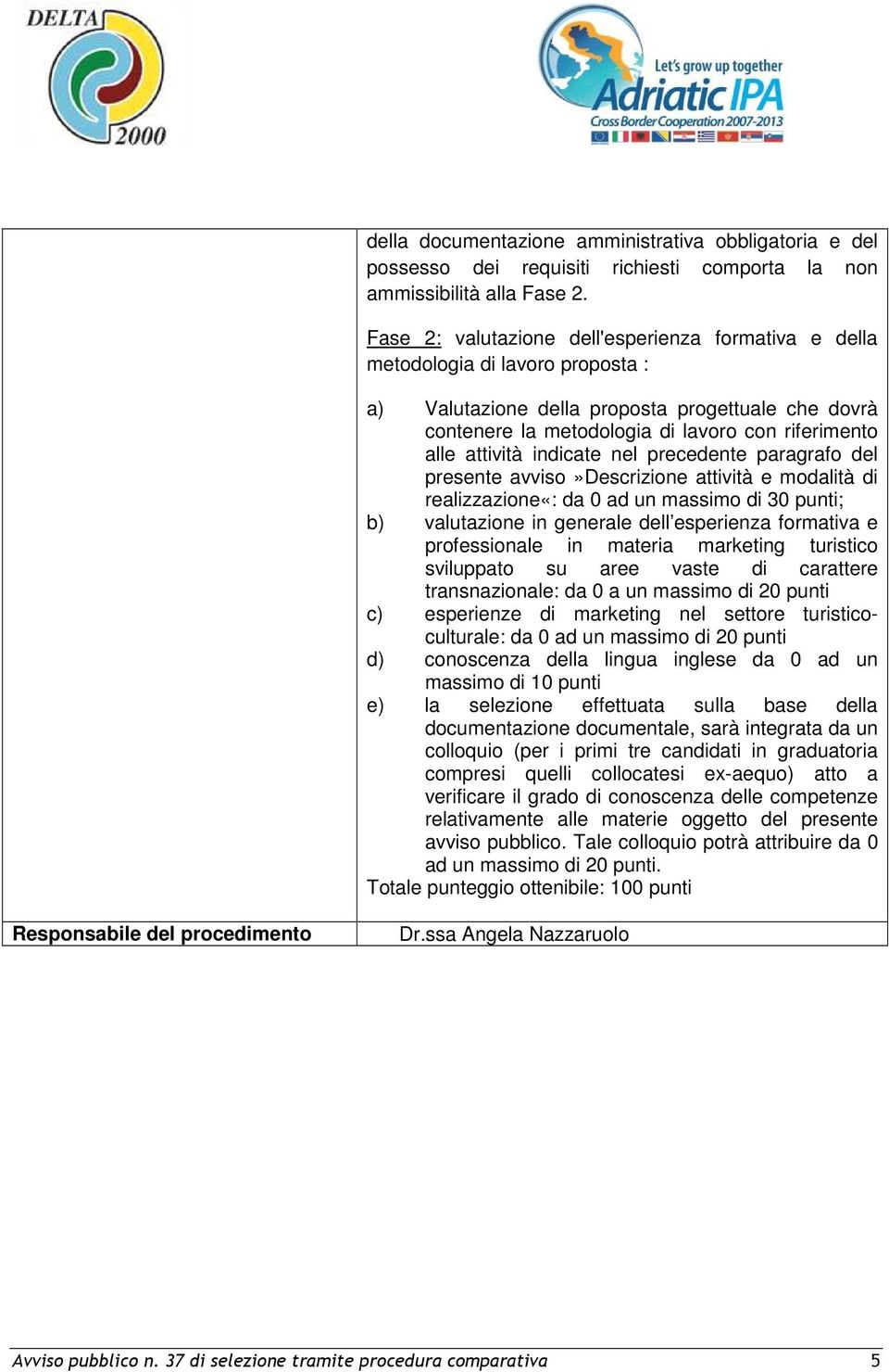 attività indicate nel precedente paragrafo del presente avviso»descrizione attività e modalità di realizzazione«: da 0 ad un massimo di 30 punti; b) valutazione in generale dell esperienza formativa