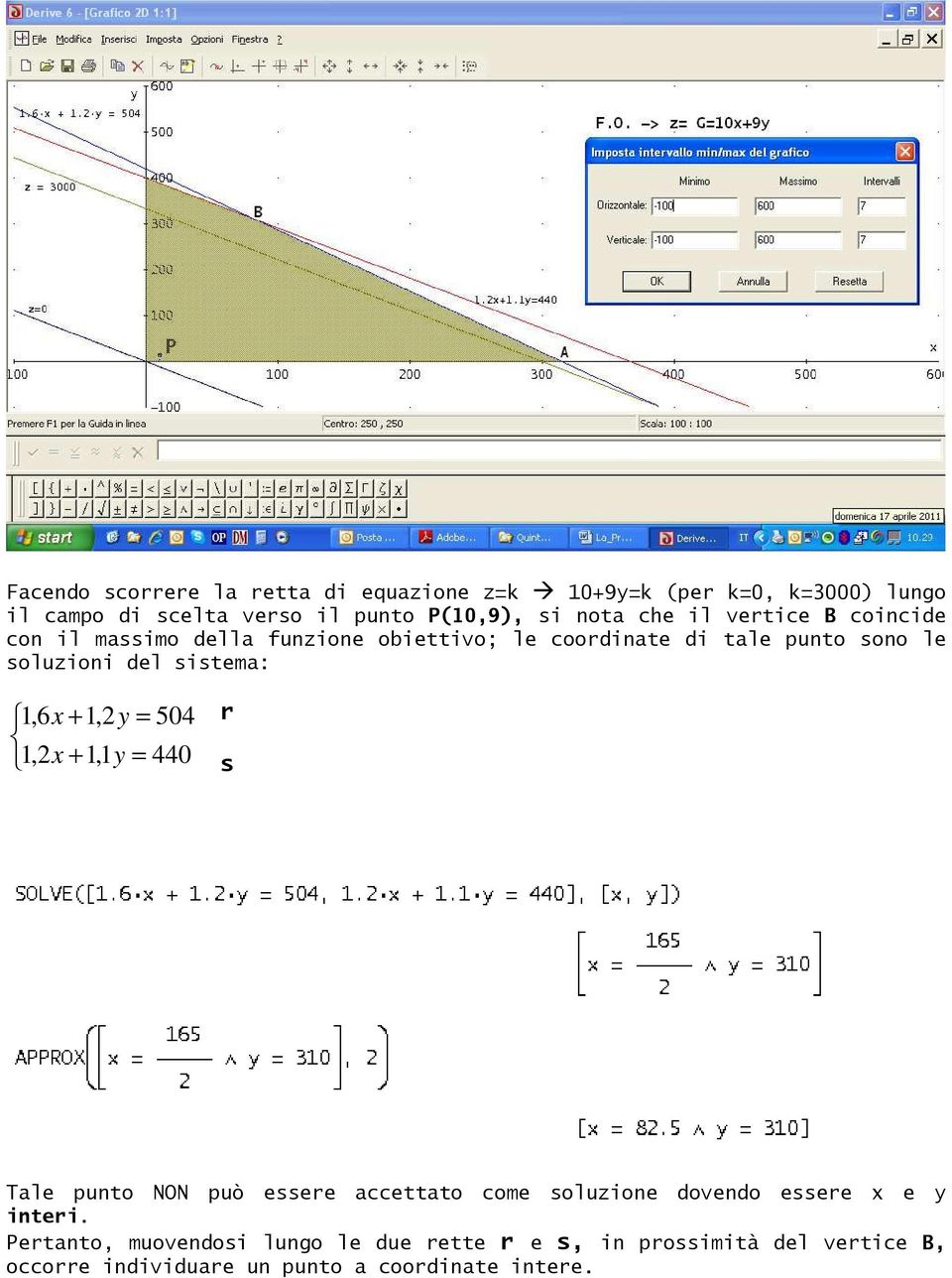 1,6 x + 1,2 y = 504 1,2 x + 1,1 y = 440 r s Tale punto NON può essere accettato come soluzione dovendo essere x e y interi.