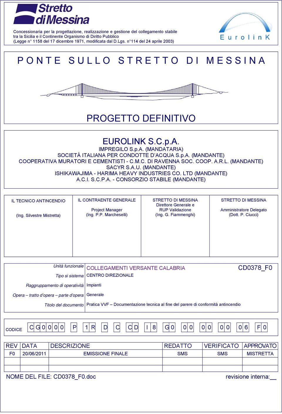 M.C. DI RAVENNA SOC. COOP. A.R.L. (MANDANTE) SACYR S.A.U. (MANDANTE) ISHIKAWAJIMA - HARIMA HEAVY INDUSTRIES CO. LTD (MANDANTE) A.C.I. S.C.P.A. - CONSORZIO STABILE (MANDANTE) IL TECNICO ANTINCENDIO (Ing.