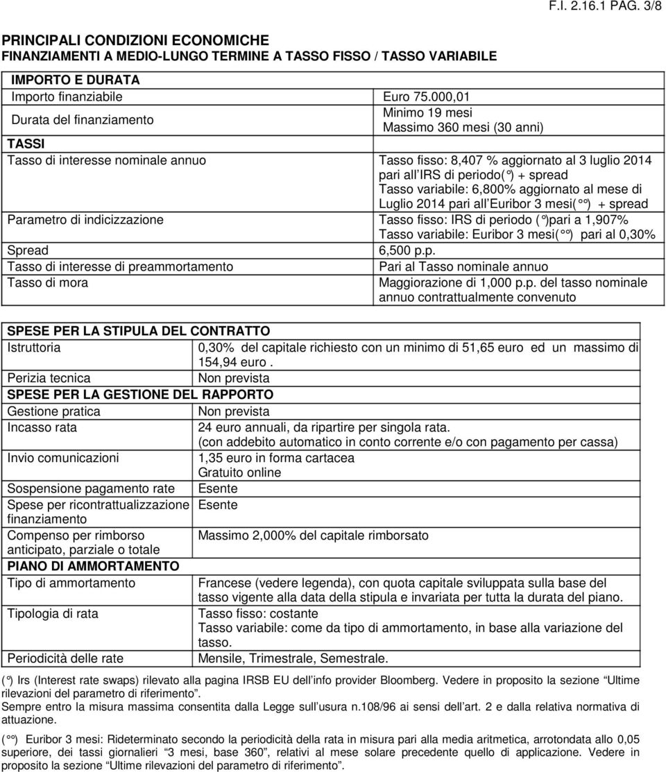 Tasso variabile: 6,800% aggiornato al mese di Luglio 2014 pari all Euribor 3 mesi( ) + spread Parametro di indicizzazione Tasso fisso: IRS di periodo ( )pari a 1,907% Tasso variabile: Euribor 3 mesi(