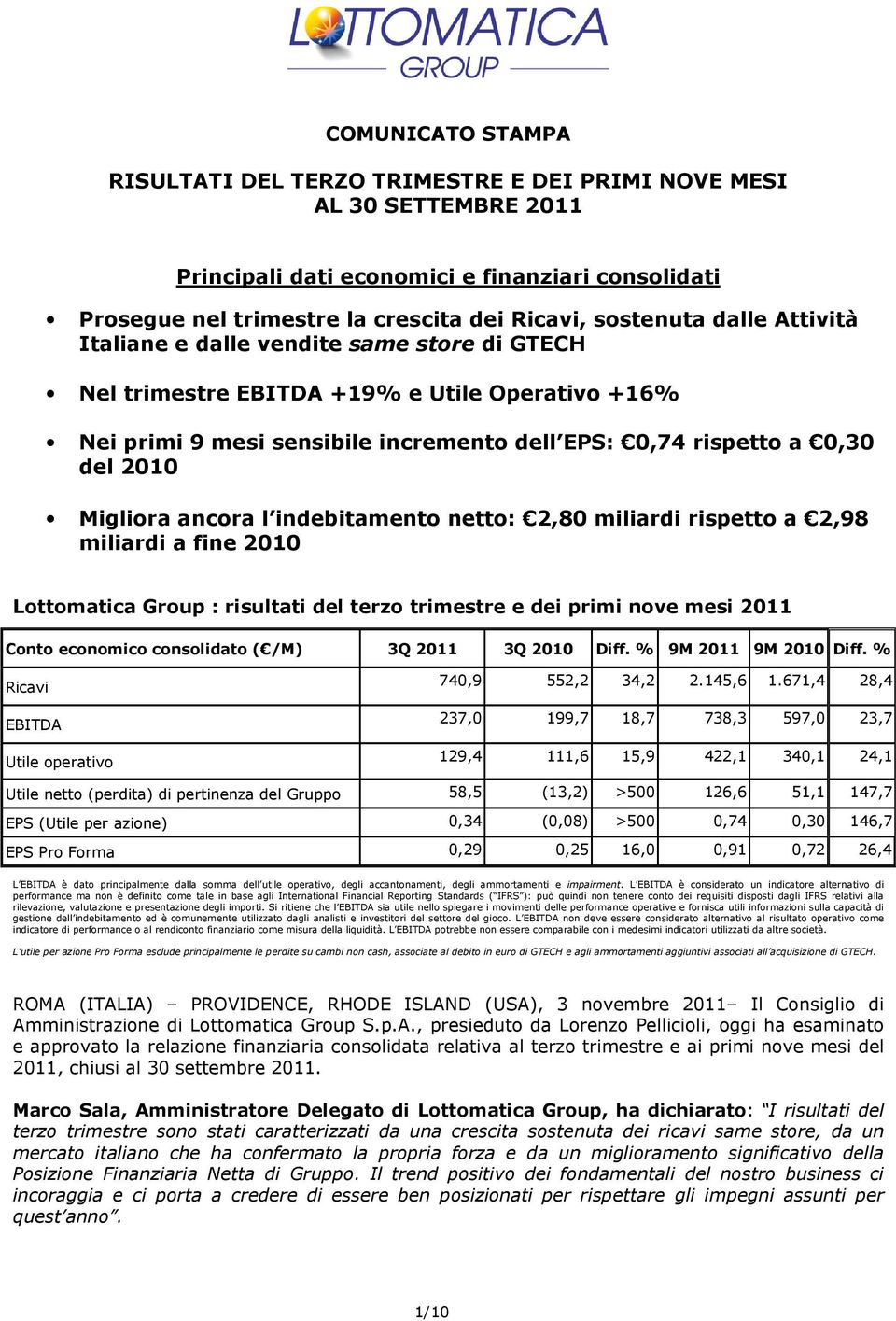 ancora l indebitamento netto: 2,80 miliardi rispetto a 2,98 miliardi a fine 2010 Lottomatica Group : risultati del terzo trimestre e dei primi nove mesi 2011 Conto economico consolidato ( /M) 3Q 2011