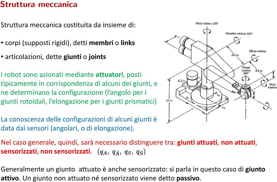 conoscenza delle configurazioni di alcuni giunti è data di dai sensori (angolari, o di elongazione).