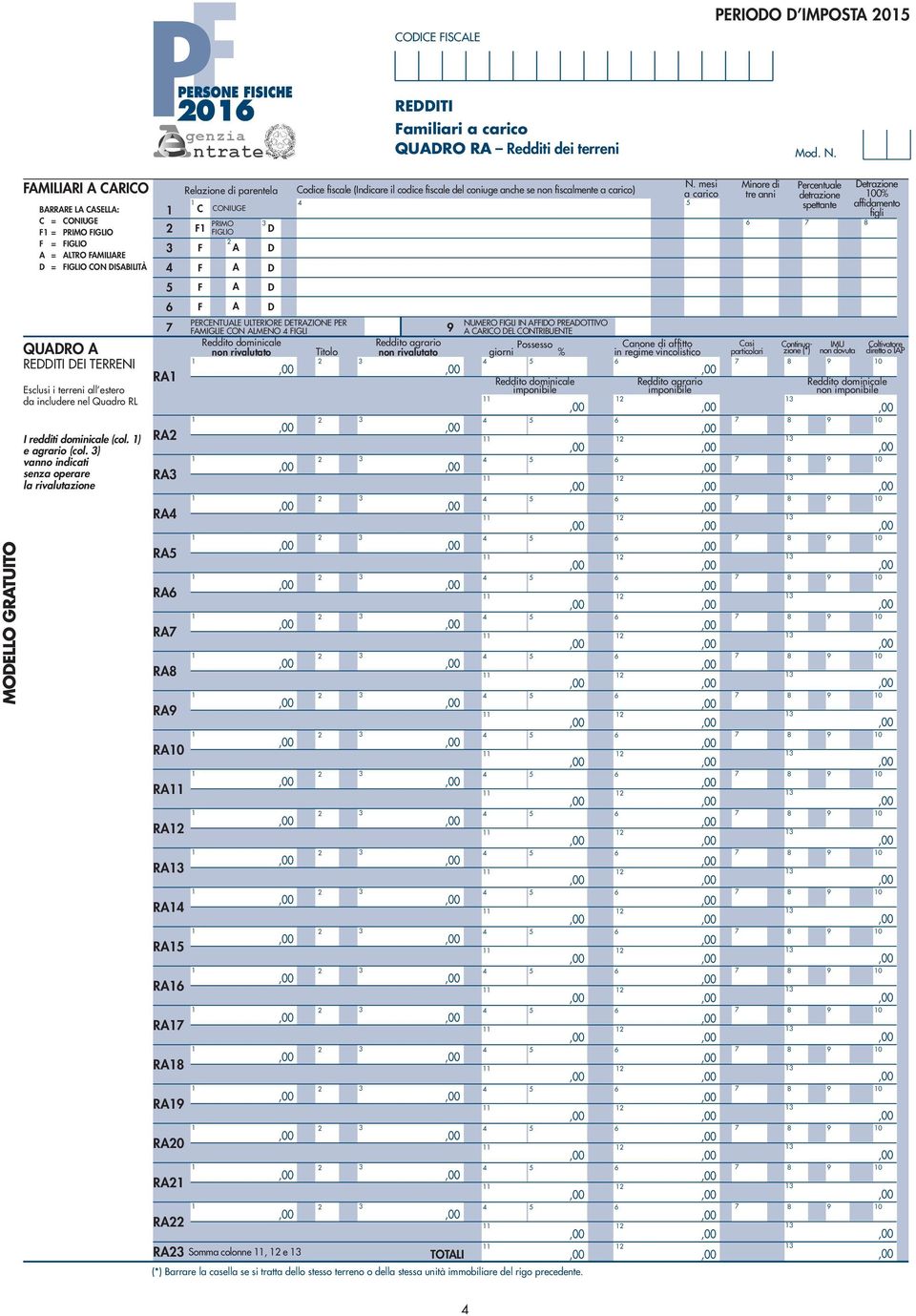 da includere nel Quadro RL I redditi dominicale (col. ) e agrario (col. ) vanno indicati senza operare la rivalutazione N.