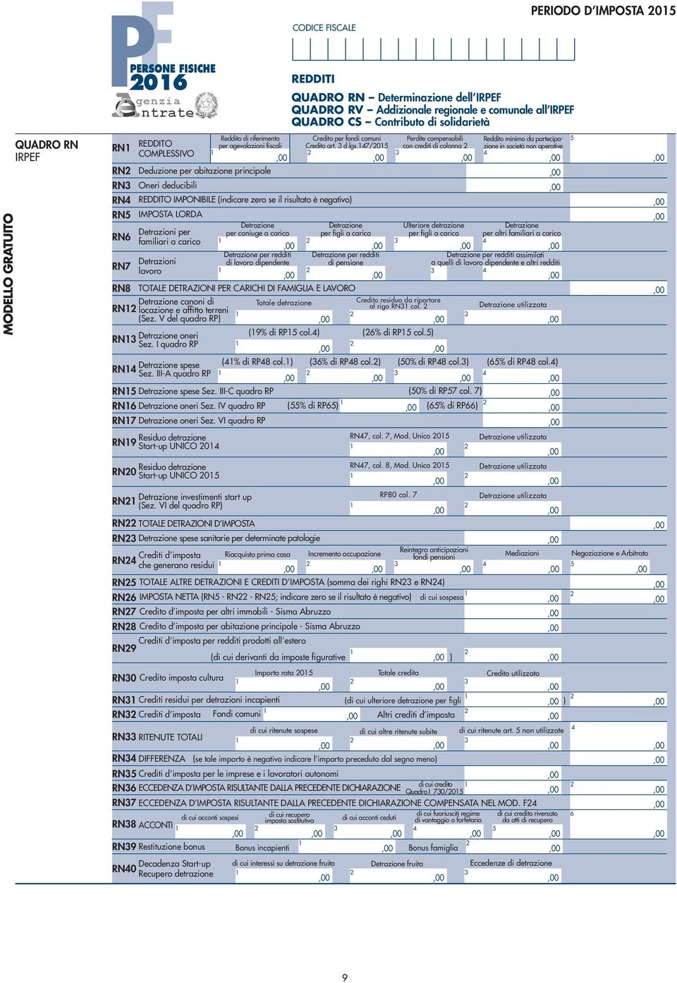 /0 con crediti di colonna COMPLESSIVO RN Deduzione per abitazione principale RN Oneri deducibili RN REDDITO IMPONIBILE (indicare zero se il risultato è negativo) RN IMPOSTA LORDA RN Detrazione