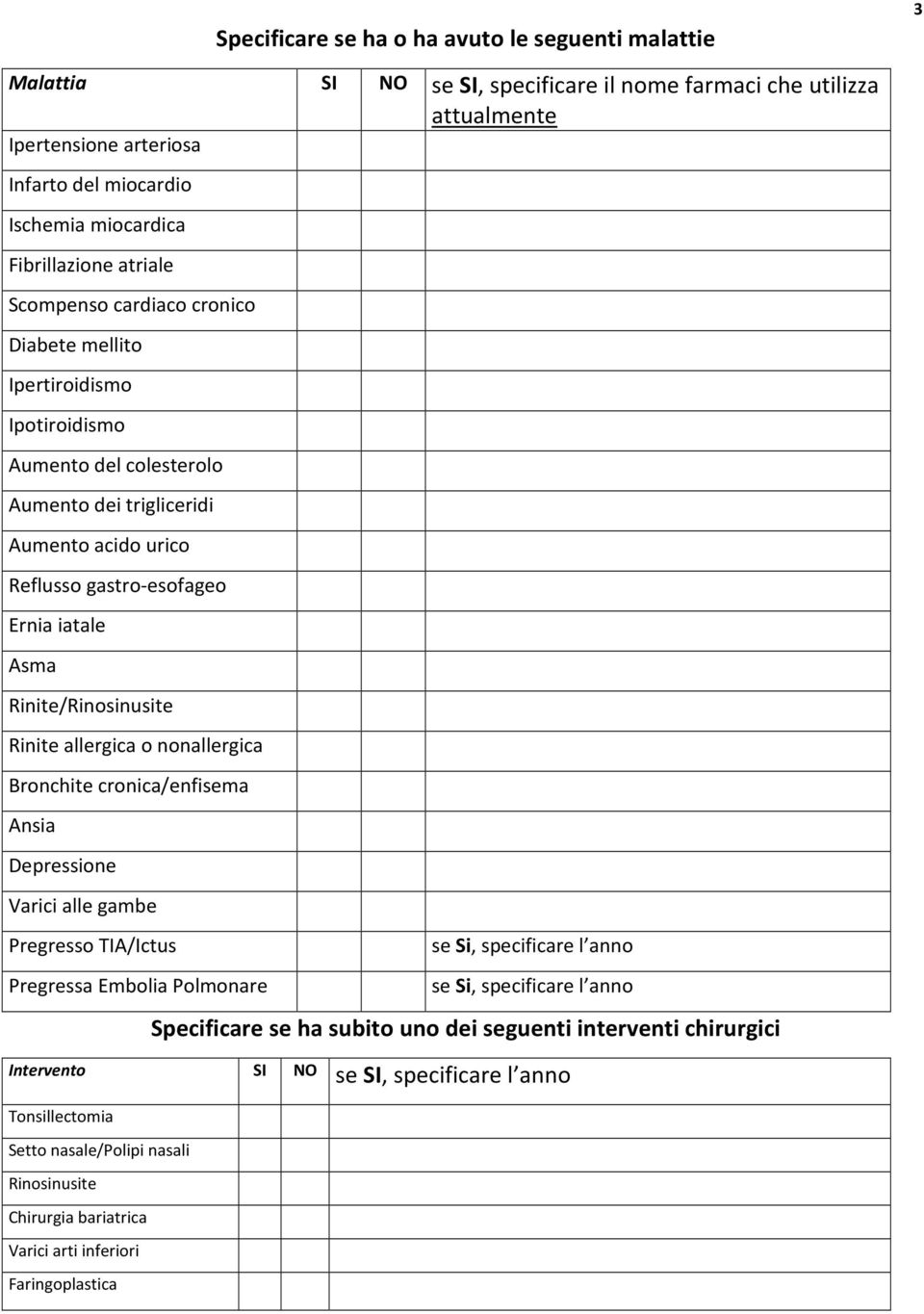 iatale Asma Rinite/Rinosinusite Rinite allergica o nonallergica Bronchite cronica/enfisema Ansia Depressione Varici alle gambe Pregresso TIA/Ictus Pregressa Embolia Polmonare Intervento se Si,