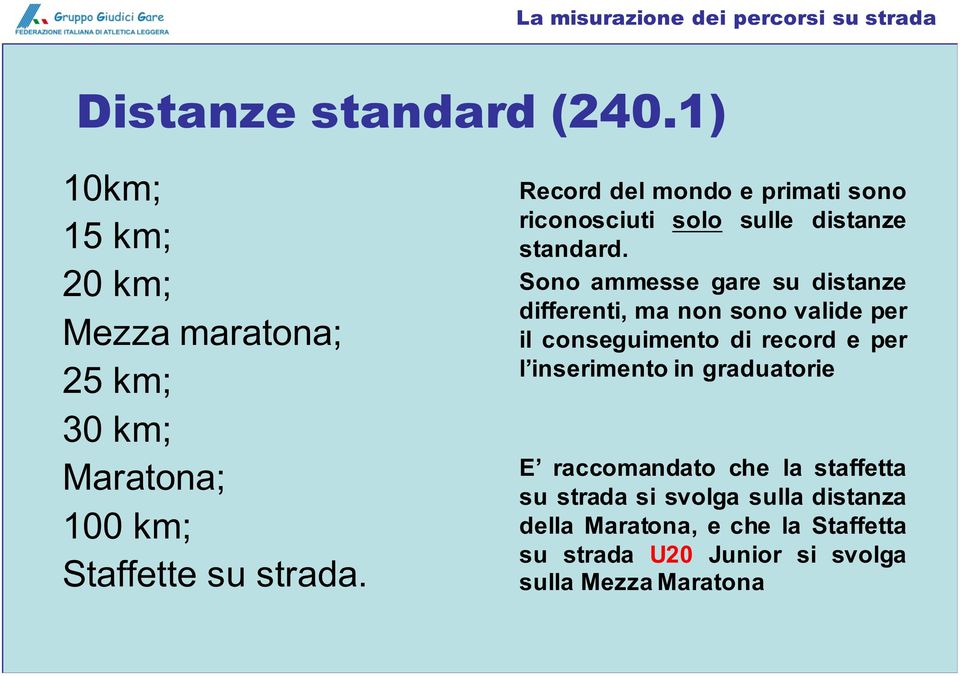 Sono ammesse gare su distanze differenti, ma non sono valide per il conseguimento di record e per l inserimento in