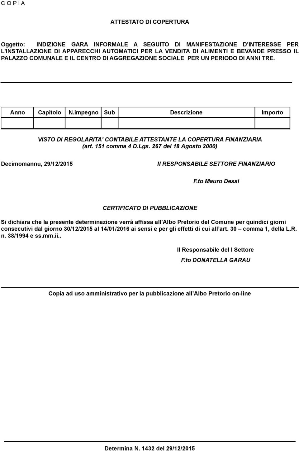 impegno Sub Descrizione Importo VISTO DI REGOLARITA' CONTABILE ATTESTANTE LA COPERTURA FINANZIARIA (art. 151 comma 4 D.Lgs.