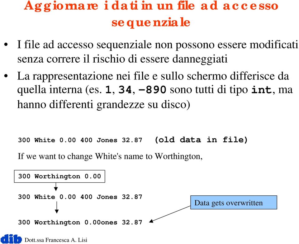 1, 34, -890 sono tutti di tipo int, ma hanno differenti grandezze su disco) 300 White 0.00 400 Jones 32.