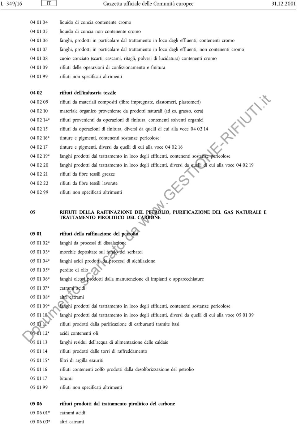 01 07 fanghi, prodotti in particolare dal trattamento in loco degli effluenti, non contenenti cromo 04 01 08 cuoio conciato (scarti, cascami, ritagli, polveri di lucidatura) contenenti cromo 04 01 09