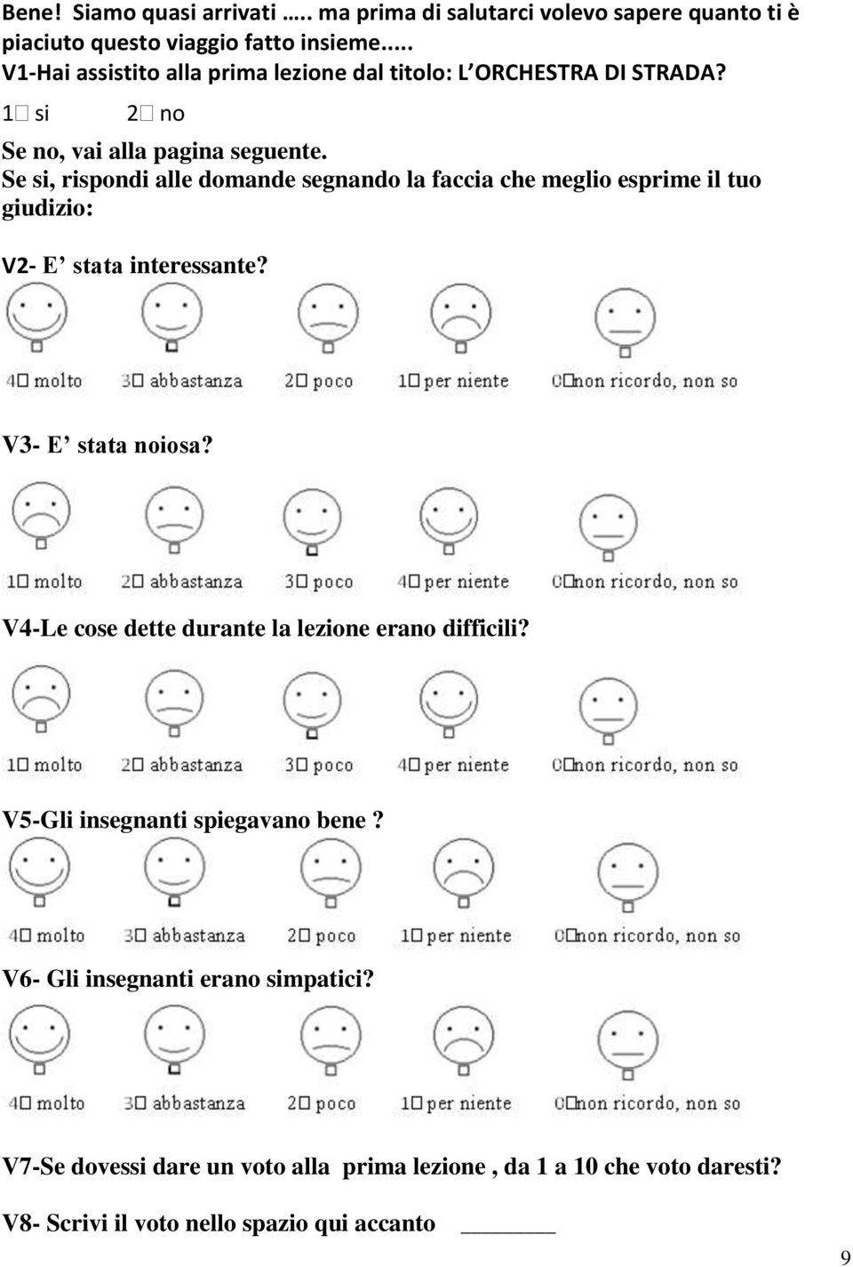 Se si, rispondi alle domande segnando la faccia che meglio esprime il tuo giudizio: V2- E stata interessante? V3- E stata noiosa?