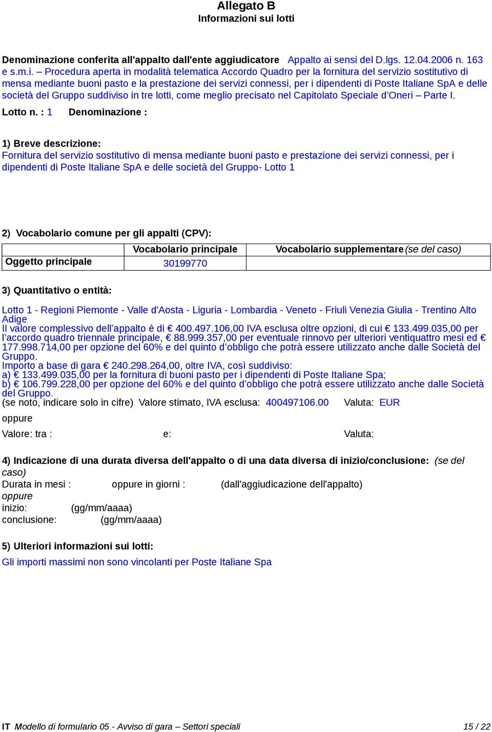 del servizio sostitutivo di mensa mediante buoni pasto e la prestazione dei servizi connessi, per i dipendenti di Poste Italiane SpA e delle società del Gruppo suddiviso in tre lotti, come meglio