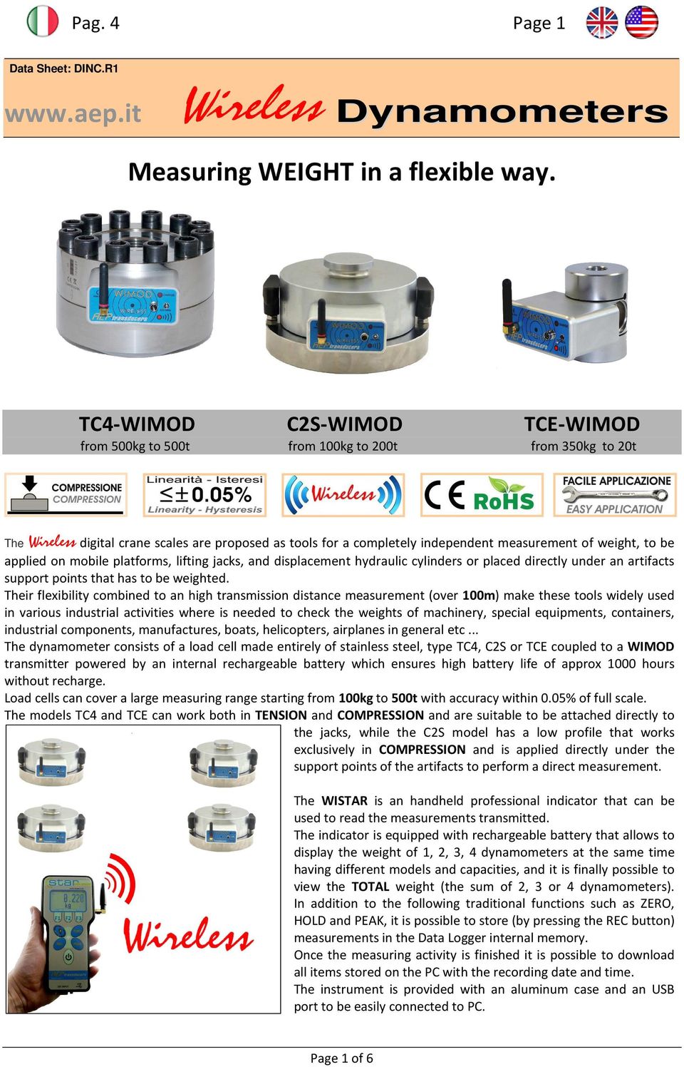 applied on mobile platforms, lifting jacks, and displacement hydraulic cylinders or placed directly under an artifacts support points that has to be weighted.