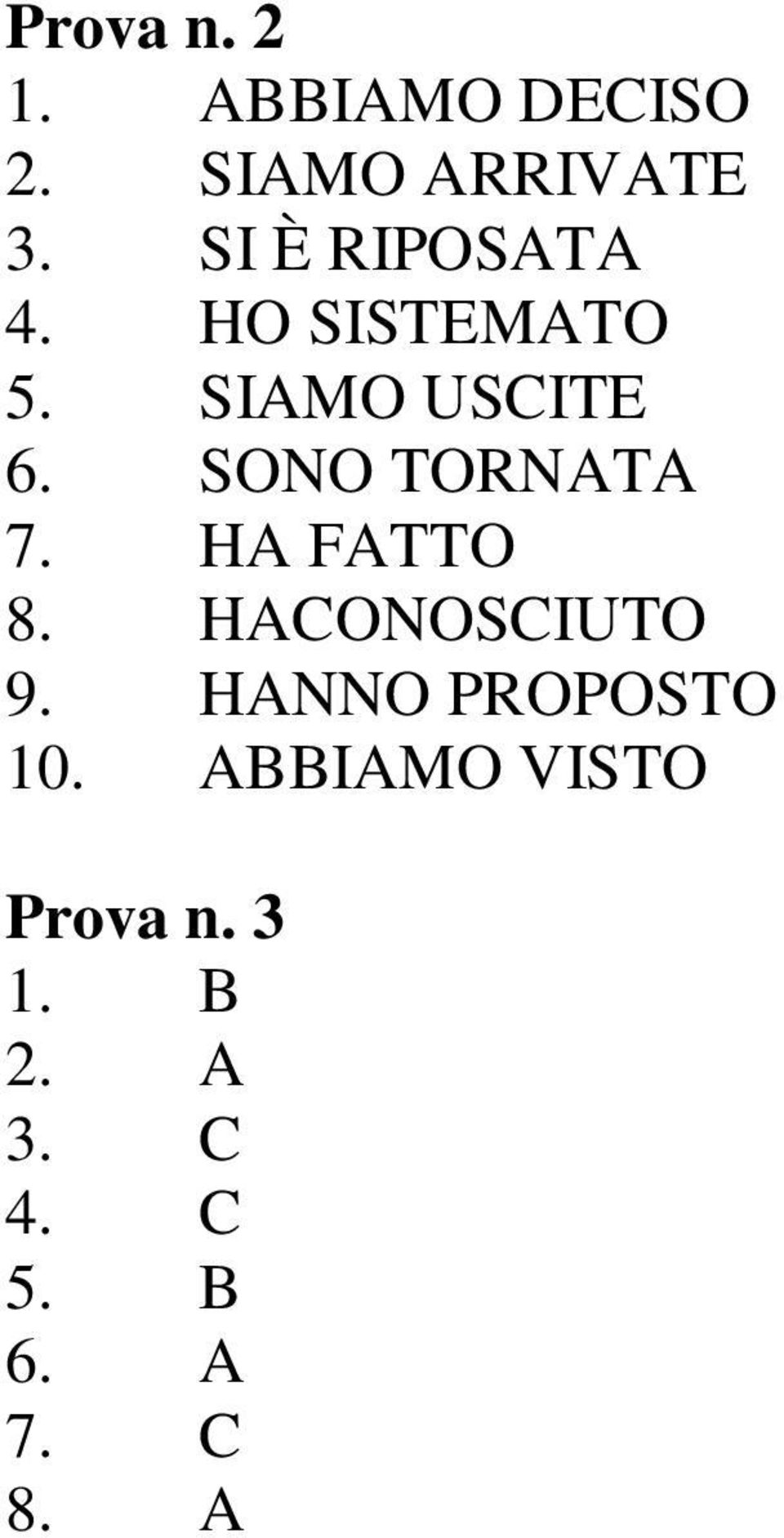 SONO TORNATA 7. HA FATTO 8. HACONOSCIUTO 9.