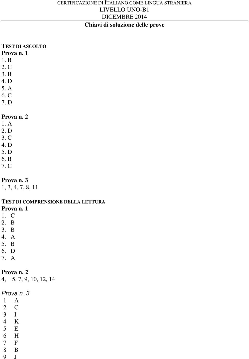 C 4. D 5. D 6. B 7. C 1, 3, 4, 7, 8, 11 TEST DI COMPRENSIONE DELLA LETTURA 1. C 2.