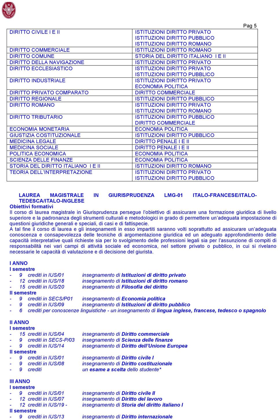 DEL DIRITTO ITALIANO I E II DIRITTO COMMERCIALE DIRITTO COMMERCIALE DIRITTO PENALE I E II DIRITTO PENALE I E II Pag 5 LAUREA MAGISTRALE IN GIURISPRUDENZA LMG-01 ITALO-FRANCESE/ITALO-