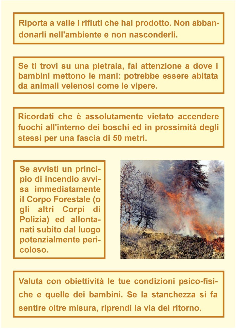 Ricordati che è assolutamente vietato accendere fuochi all'interno dei boschi ed in prossimità degli stessi per una fascia di 50 metri.