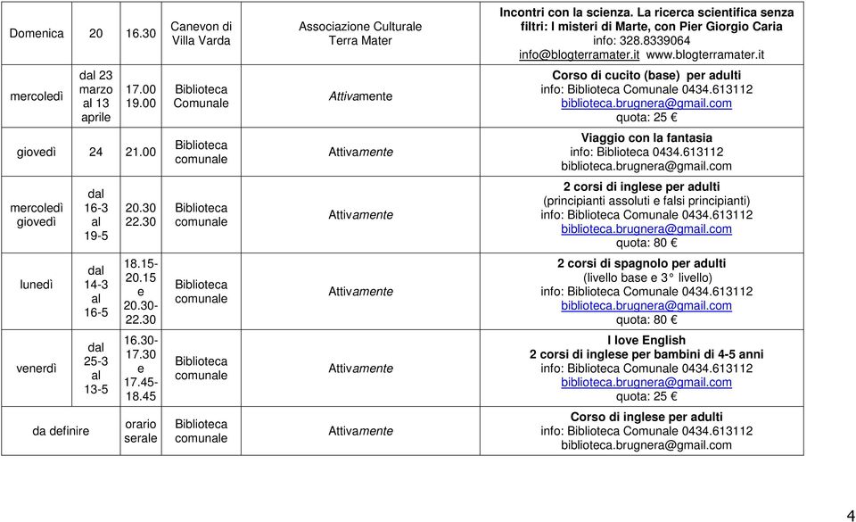 613112 mercoledì giovedì l 16-3 l 19-5 20.30 22.30 2 corsi di inglese per dulti (principinti ssoluti e flsi principinti) info: Comunle 0434.613112 quot: 80 lunedì l 14-3 l 16-5 18.15-20.15 e 20.30-22.