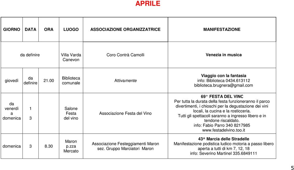 locli, l cucin e l rosticceri. Tutti gli spettcoli srnno ingresso libero e in tendone risclto. info: Fbio Prro 340 8217985 www.festdelvino.too.it 3 8.30 Mron p.