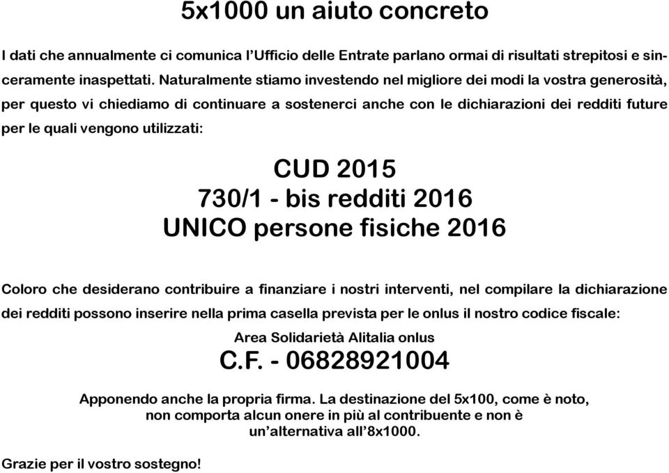 utilizzati: CUD 2015 730/1 - bis redditi 2016 UNICO persone fisiche 2016 Coloro che desiderano contribuire a finanziare i nostri interventi, nel compilare la dichiarazione dei redditi possono