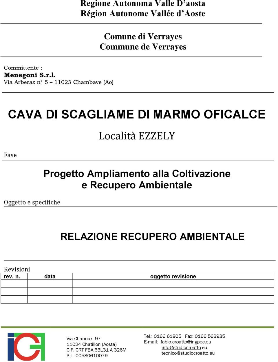 ée d Aoste Comune di Verrayes Commune de Verrayes Committente : Menegoni S.r.l.