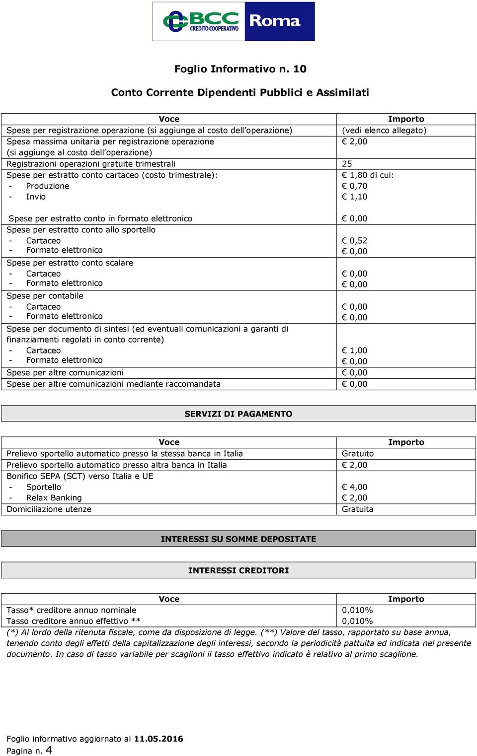 estratto conto allo sportello - Cartaceo - Formato elettronico Spese per estratto conto scalare - Cartaceo - Formato elettronico Spese per contabile - Cartaceo - Formato elettronico Spese per