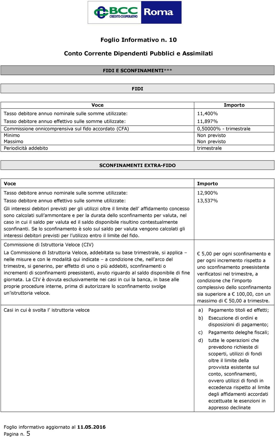 annuo effettivo sulle somme utilizzate: 12,900% 13,537% Gli interessi debitori previsti per gli utilizzi oltre il limite dell affidamento concesso sono calcolati sull ammontare e per la durata dello