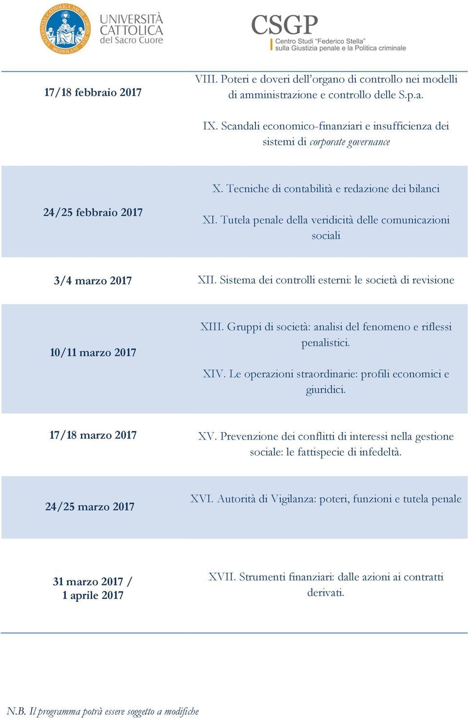 Tutela penale della veridicità delle comunicazioni sociali 3/4 marzo 2017 XII. Sistema dei controlli esterni: le società di revisione 10/11 marzo 2017 XIII.