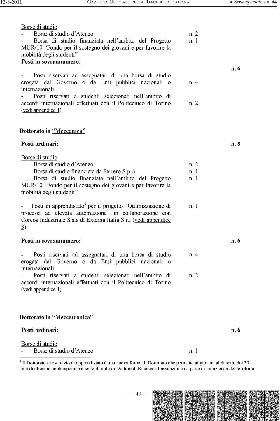 Industriale S.a.s di Externa Italia S.r.l (vedi appendice 3) n. 6 n. 4 Dottorato in Meccatronica Posti ordinari: n.