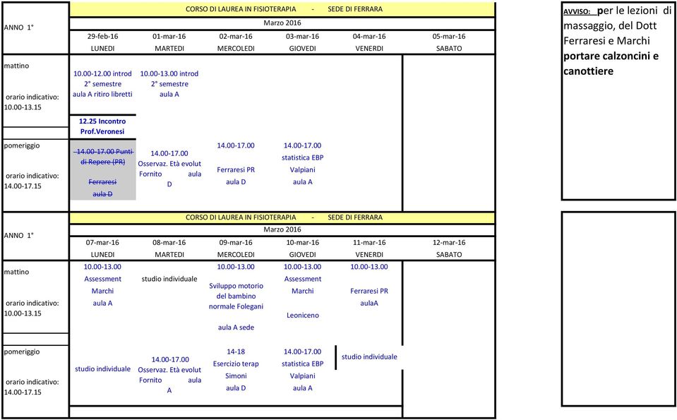 Età evolut Ferraresi PR Valpiani Fornito aula Ferraresi D aula A AVVISO: per le lezioni di massaggio, del Dott Ferraresi e Marchi portare calzoncini e canottiere 07-mar-16 08-mar-16 09-mar-16