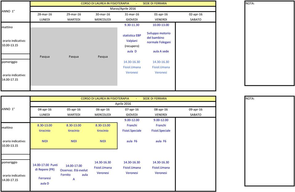 Umana Veronesi Aprile 2016 04-apr-16 05-apr-16 06-apr-16 07-apr-16 08-apr-16 09-apr-16 9.00-12.00 9.00-12.00 8.30-13.00 8.30-13.00 8.30-13.00 Franchi Franchi tirocinio tirocinio tirocinio Fisiol.