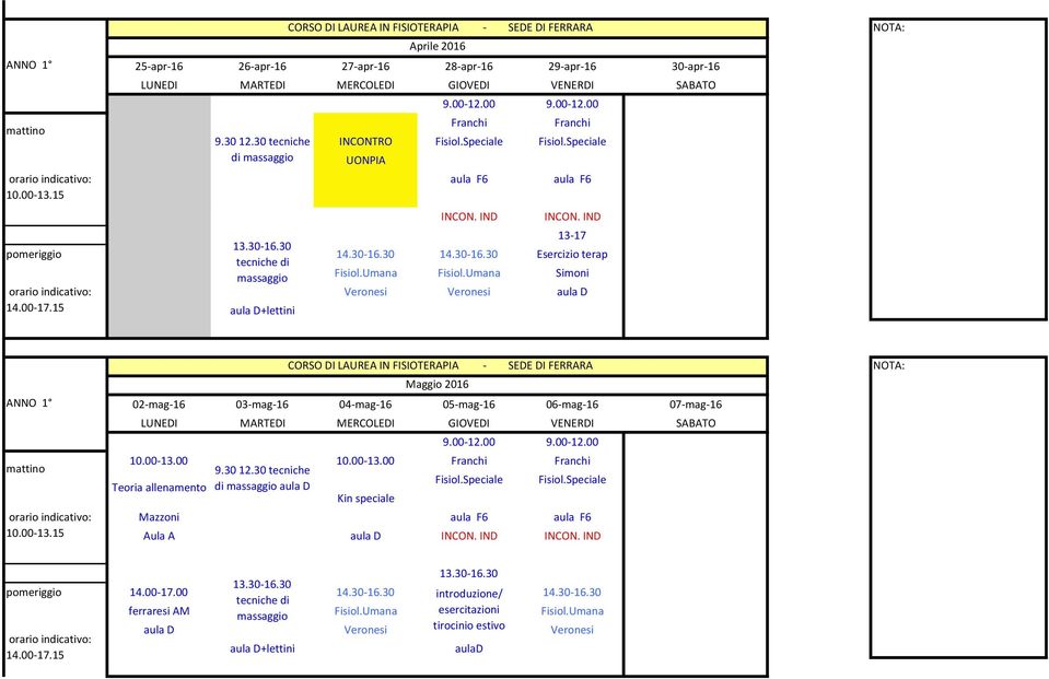 Umana Simoni Veronesi Veronesi +lettini Maggio 2016 02-mag-16 03-mag-16 04-mag-16 05-mag-16 06-mag-16 07-mag-16 9.00-12.00 9.00-12.00 10.00-13.00 10.00-13.00 Franchi Franchi 9.3012.30 tecniche Fisiol.