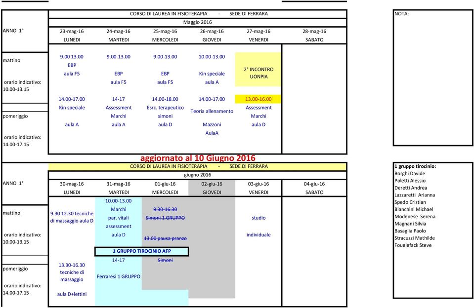 terapeutico Assessment Teoria allenamento Marchi simoni Marchi aula A aula A Mazzoni 30-mag-16 31-mag-16 01-giu-16 02-giu-16 03-giu-16 04-giu-16 9.30 12.30 tecniche di massaggio 13.30-16.