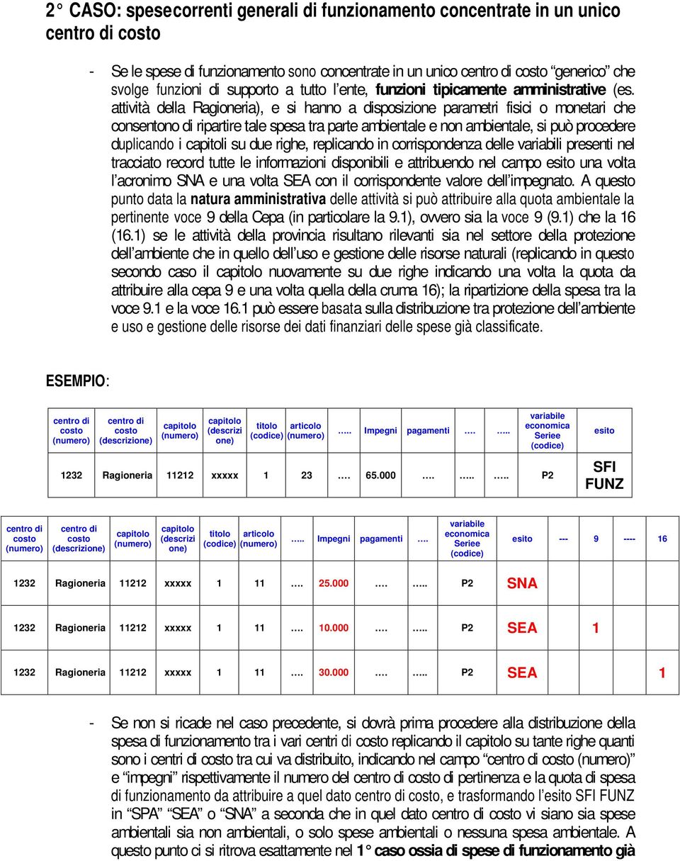 attività della Ragioneria), e si hanno a disposizione parametri fisici o monetari che consentono di ripartire tale spesa tra parte ambientale e non ambientale, si può procedere duplicando i capitoli