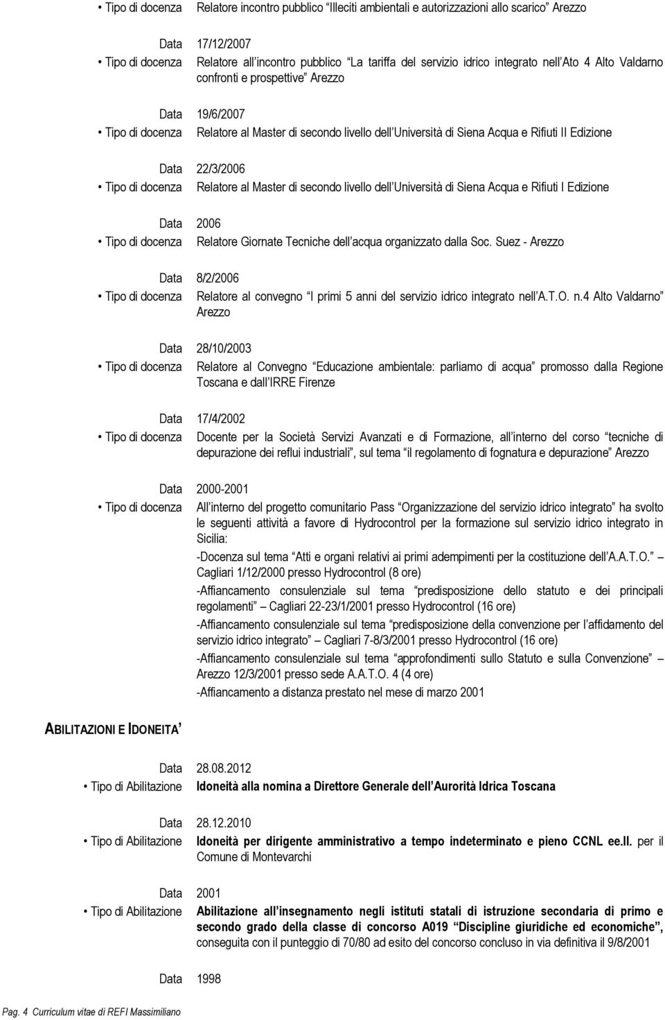 22/3/2006 Tipo di docenza Relatore al Master di secondo livello dell Università di Siena Acqua e Rifiuti I Edizione Data 2006 Tipo di docenza Relatore Giornate Tecniche dell acqua organizzato dalla