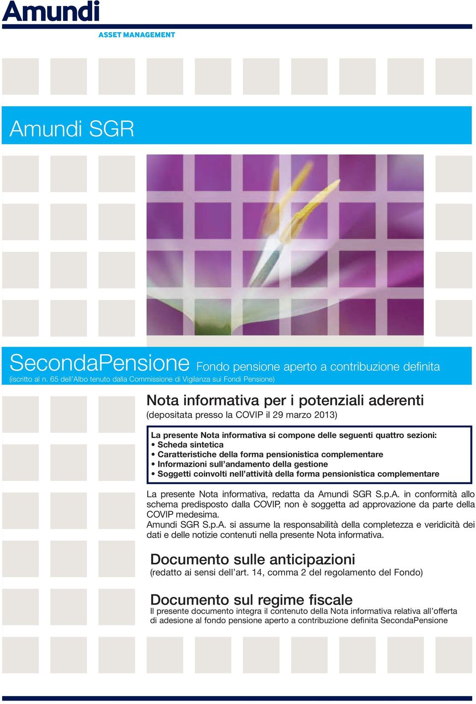 delle seguenti quattro sezioni: Scheda sintetica Caratteristiche della forma pensionistica complementare Informazioni sull andamento della gestione Soggetti coinvolti nell attività della forma