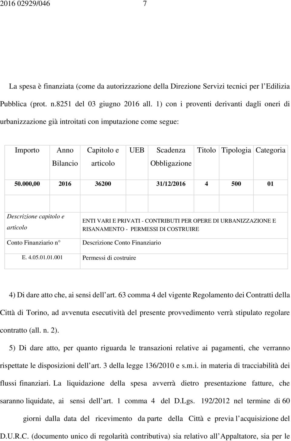 000,00 2016 36200 31/12/2016 4 500 01 Descrizione capitolo e articolo Conto Finanziario n ENTI VARI E PRIVATI - CONTRIBUTI PER OPERE DI URBANIZZAZIONE E RISANAMENTO - PERMESSI DI COSTRUIRE