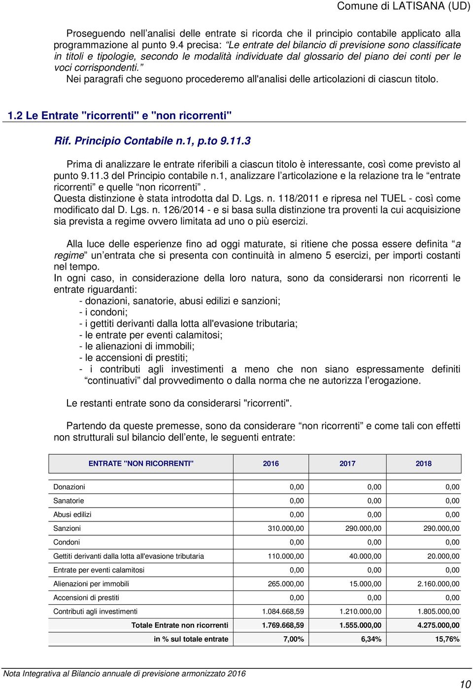 Nei paragrafi che seguono procederemo all'analisi delle articolazioni di ciascun titolo. 1.2 Le Entrate "ricorrenti" e "non ricorrenti" Rif. Principio Contabile n.1, p.to 9.11.