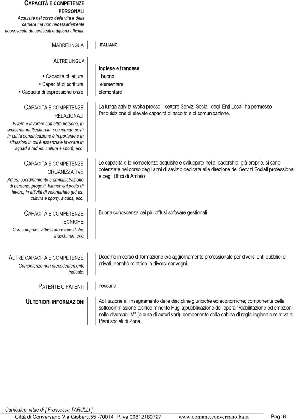 multiculturale, occupando posti in cui la comunicazione è importante e in situazioni in cui è essenziale lavorare in squadra (ad es. cultura e sport), ecc. CAPACITÀ E COMPETENZE ORGANIZZATIVE Ad es.