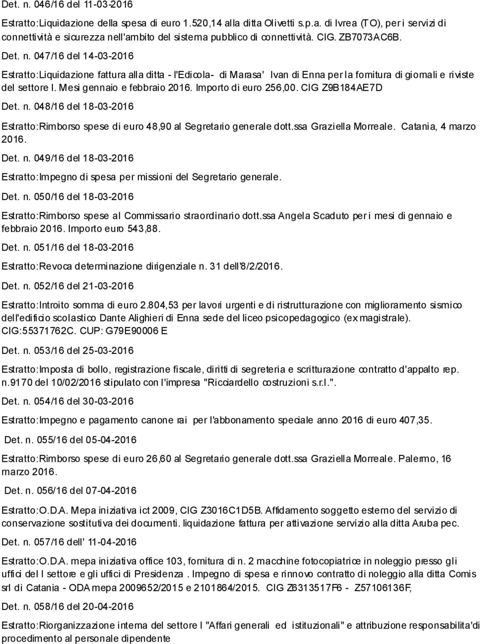 Mesi gennaio e febbraio 2016. Importo di euro 256,00. CIG Z9B184AE7D Det. n. 048/16 del 18-03-2016 Estratto:Rimborso spese di euro 48,90 al Segretario generale dott.ssa Graziella Morreale.