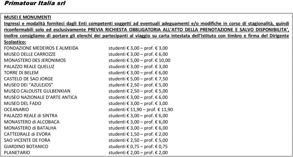 del Dirigente Scolastico: FONDAZIONE MEDEIROS E ALMEIDA studenti 3,00 prof. 3,00 MUSEO DELLE CARROZZE studenti 3,00 prof. 6,00 MONASTERO DES JERONIMOS studenti 5,00 prof.