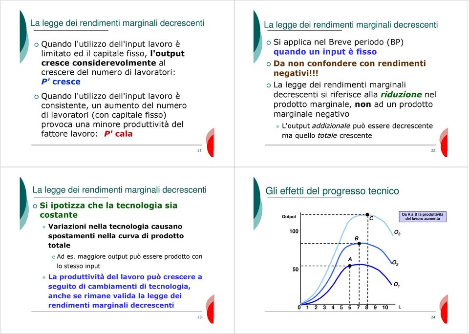 marginali decrescenti Si applica nel Breve periodo (BP) quando un input è fisso Da non confondere con rendimenti negativi!