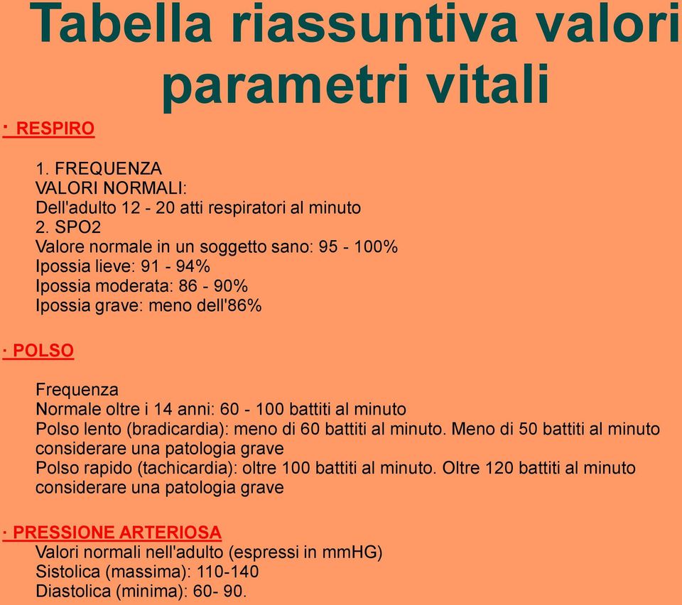 60-100 battiti al minuto Polso lento (bradicardia): meno di 60 battiti al minuto.