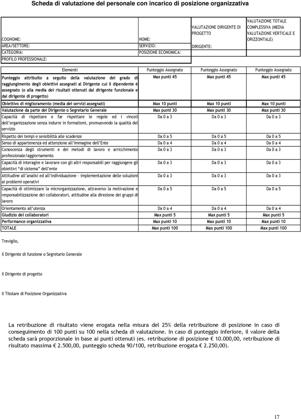 valutazione del grado di raggiungimento degli obiettivi assegnati al Dirigente cui il dipendente è assegnato (o alla media dei risultati ottenuti dal dirigente funzionale e dal dirigente di progetto)